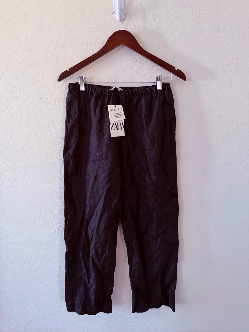 ZARA Men Black Elastic-Waist Linen-Blend Chinos